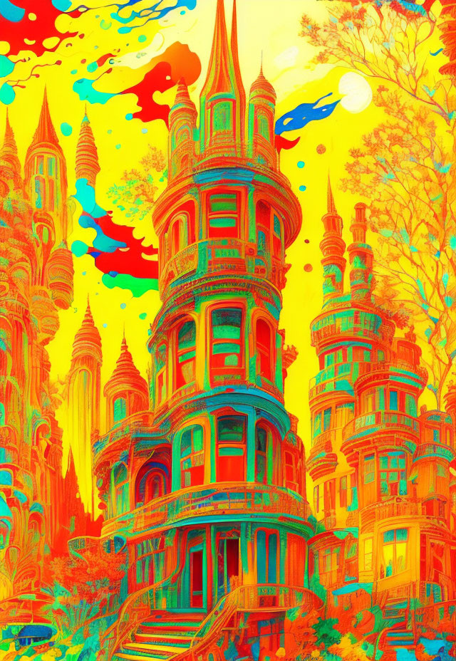 Colorful Psychedelic Cityscape with Twisting Towers and Trees