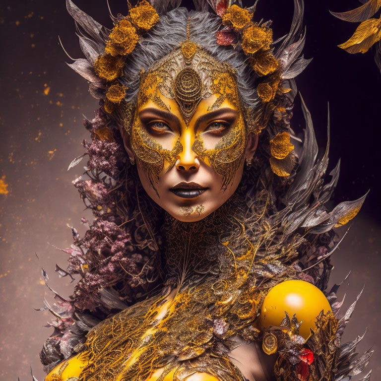 Elaborate fantasy makeup and costume with golden and dark hues