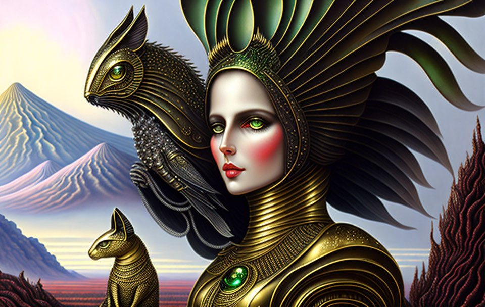 Surreal portrait of woman in golden armor with feline attributes