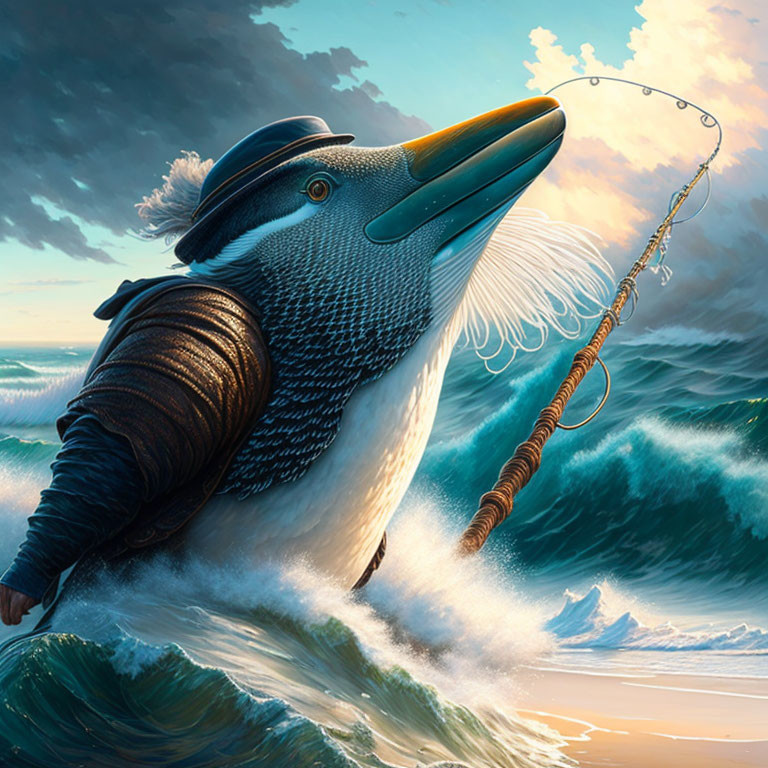 Anthropomorphic penguin in fishing attire on wave under dramatic sky