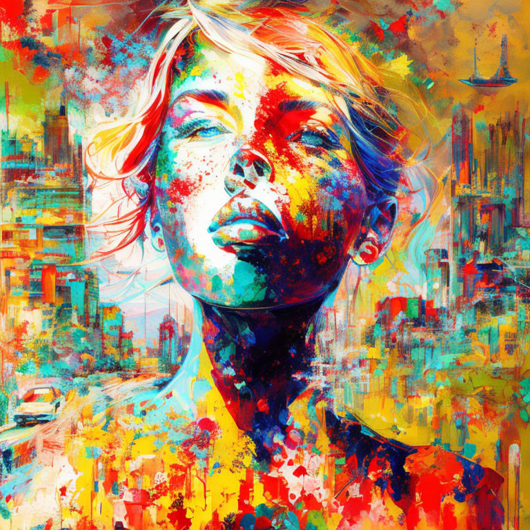 Colorful Abstract Portrait with Cityscape Integration