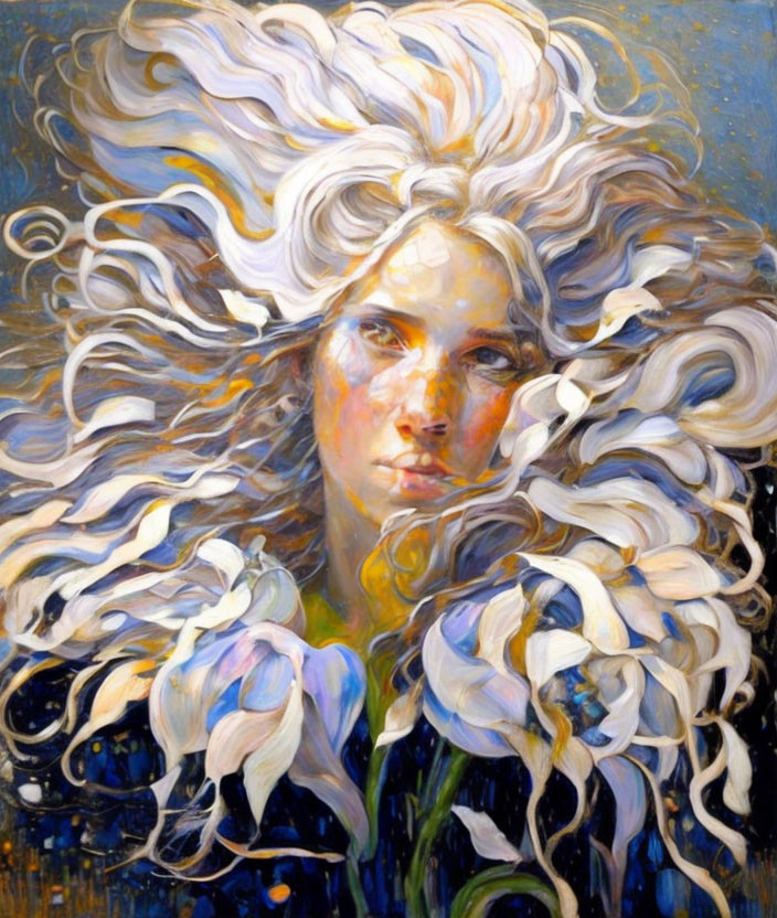 Vibrant painting of woman with white hair and flowers