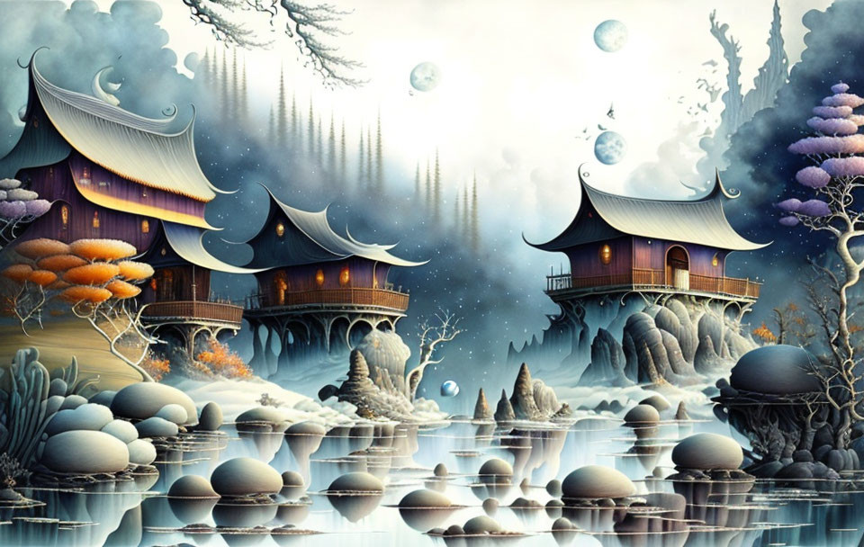 Asian-style structures in mystical forest with floating orbs and tranquil water.