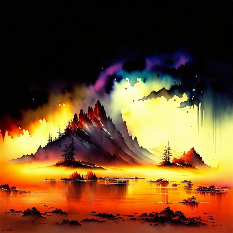 Colorful Watercolor Painting of Sunset over Silhouetted Mountains