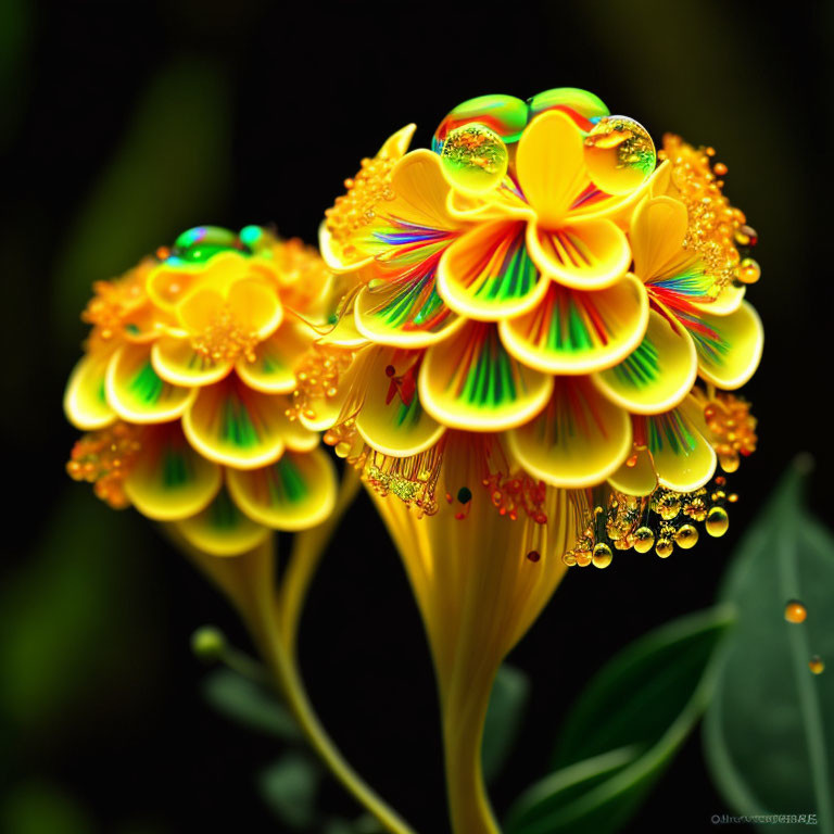 Colorful digital flower art: Bright yellow petals with water droplets on dark backdrop