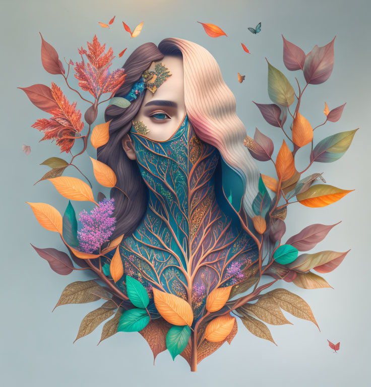 Woman's Face Partially Obscured by Autumn Leaves and Tree Design, Butterflies Fluttering