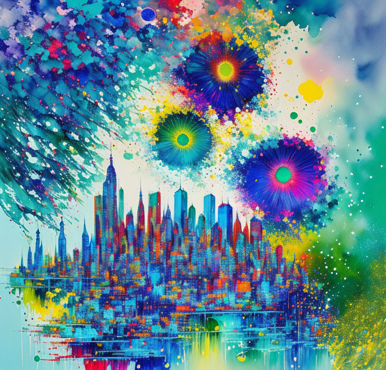 Colorful cityscape painting with fireworks and reflections in water