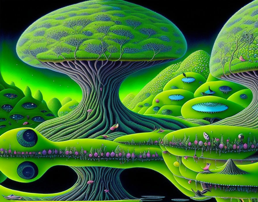 Vibrant green mushroom-like trees in surreal landscape