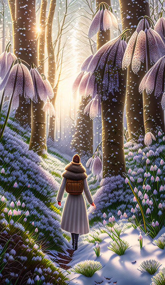 Person in white coat explores fantastical forest with giant flowers