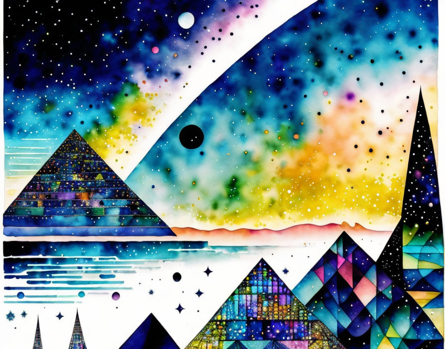 Vibrant watercolor artwork: geometric shapes, mountains, pyramids, starry night sky.