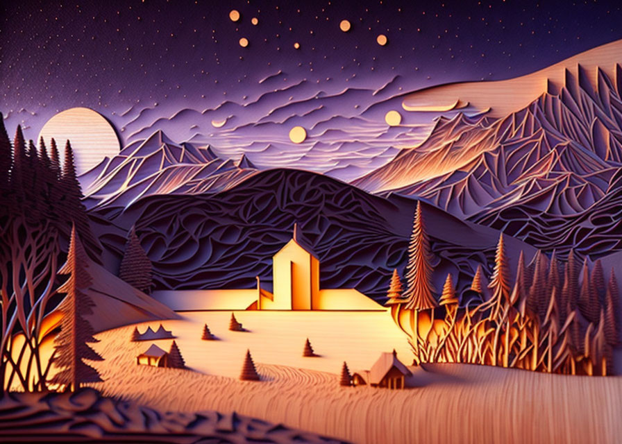 Layered Paper Art: Mountain Landscape with Cabin, Forests, and Starry Night Sky