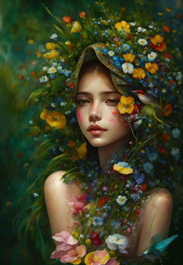 Young woman with floral hood in serene portrait surrounded by lush flowers