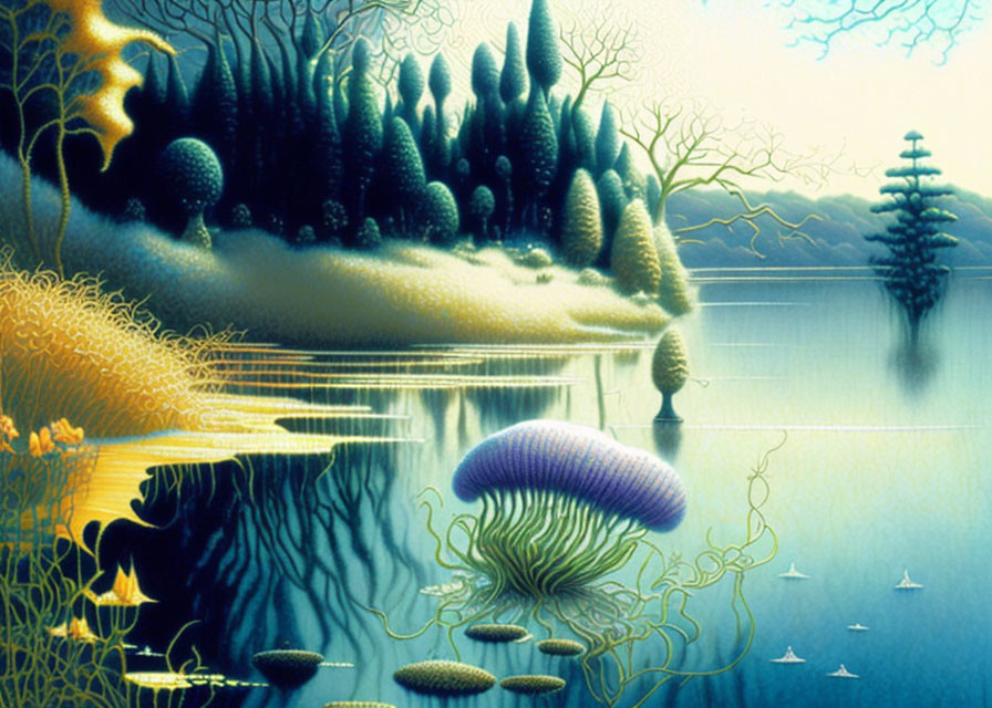 Surreal landscape with serene lake, purple jellyfish-like tree, and sailboats