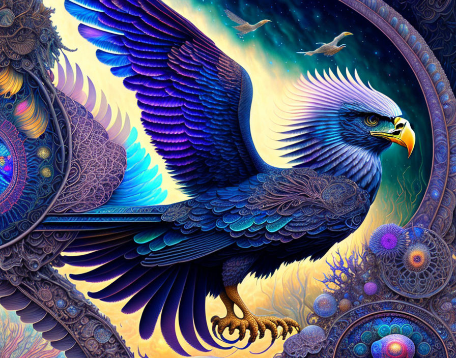 Colorful Eagle Artwork with Intricate Designs and Cosmic Backdrop