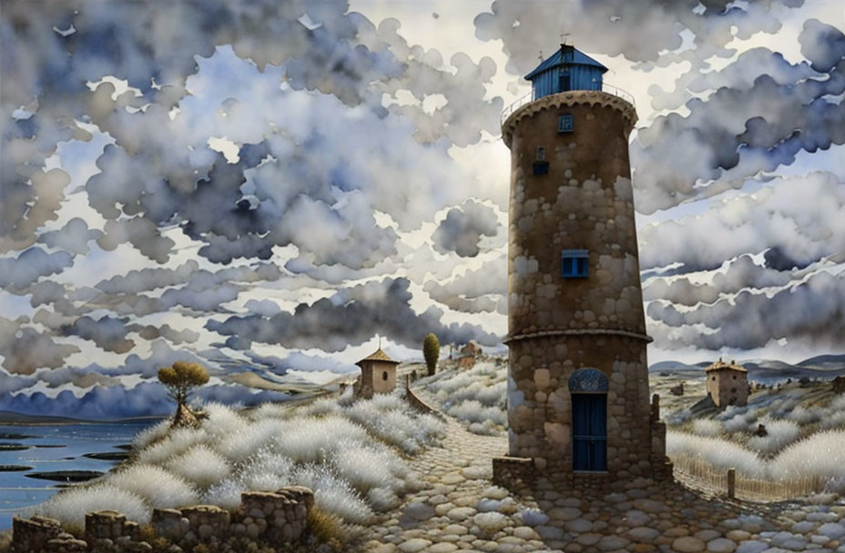 Whimsical painting of stone tower in dreamy landscape