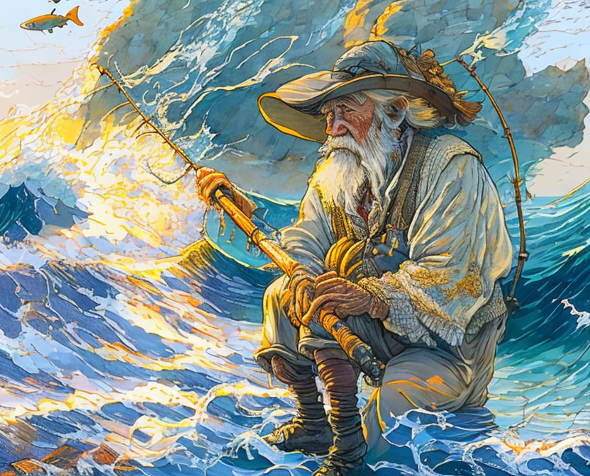 Elderly sailor fishing on rocky shore by tumultuous sea waves