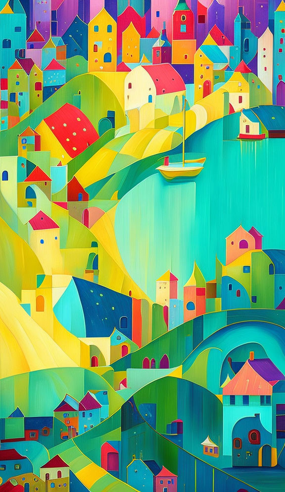 Vibrant painting of rolling landscapes with whimsical houses and a sailboat