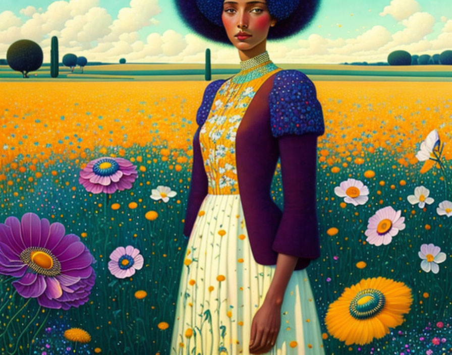 Colorful digital painting of woman in floral field with surreal landscape