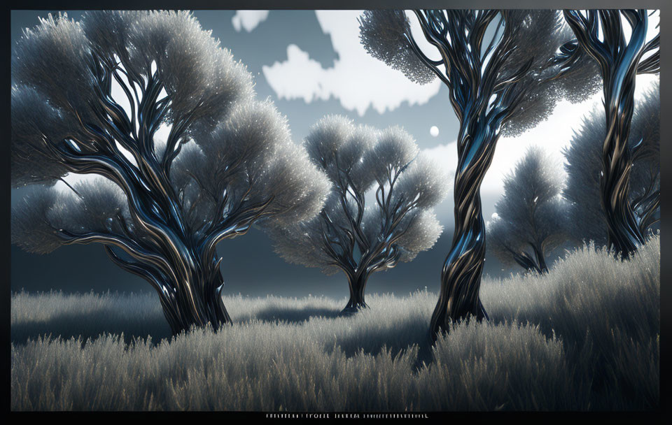 Moonlit digital art landscape with silhouetted trees and intricate branches.