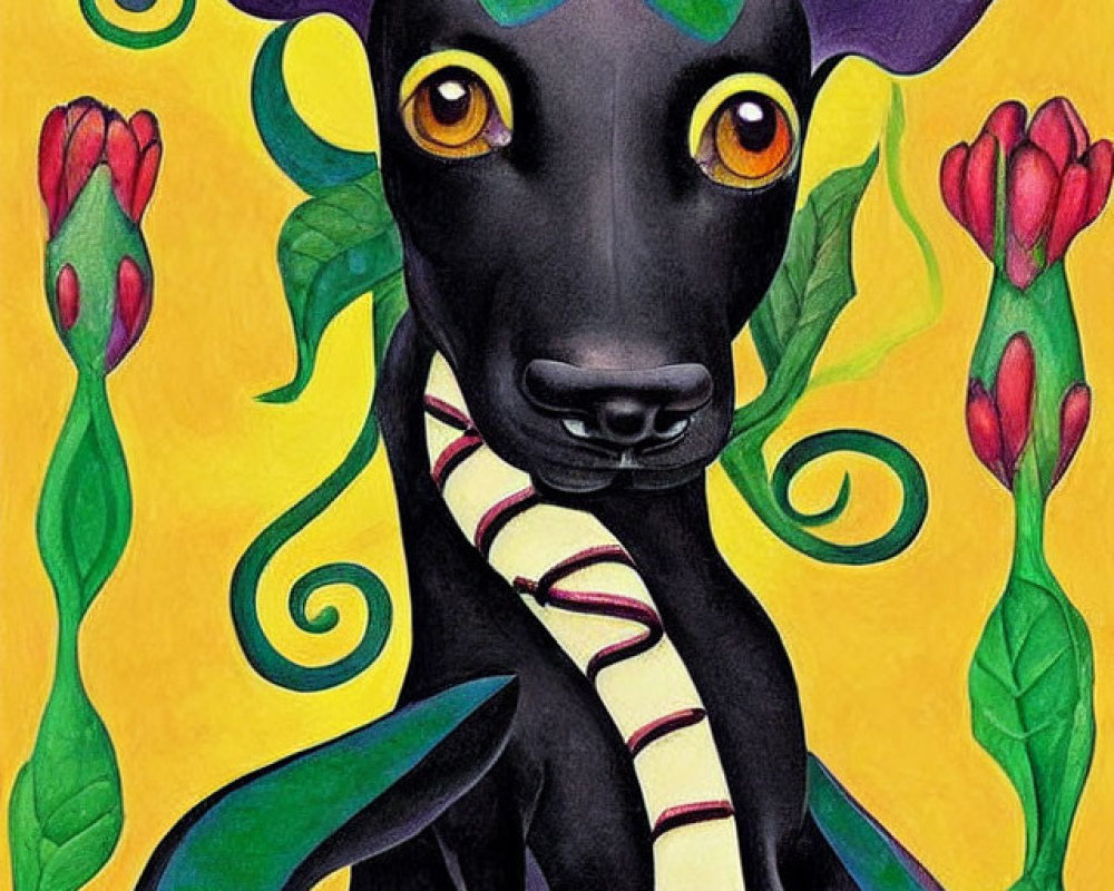 Colorful whimsical painting of a black dog with large circular eyes and plant-like appendages on yellow