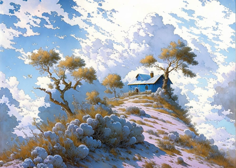 Blue-roofed Cottage on Serene Hill with Trees and Clouds