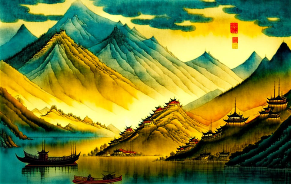 Traditional Chinese Landscape Painting: Stylized Mountains, Pagodas, and Boats under Cloud-F