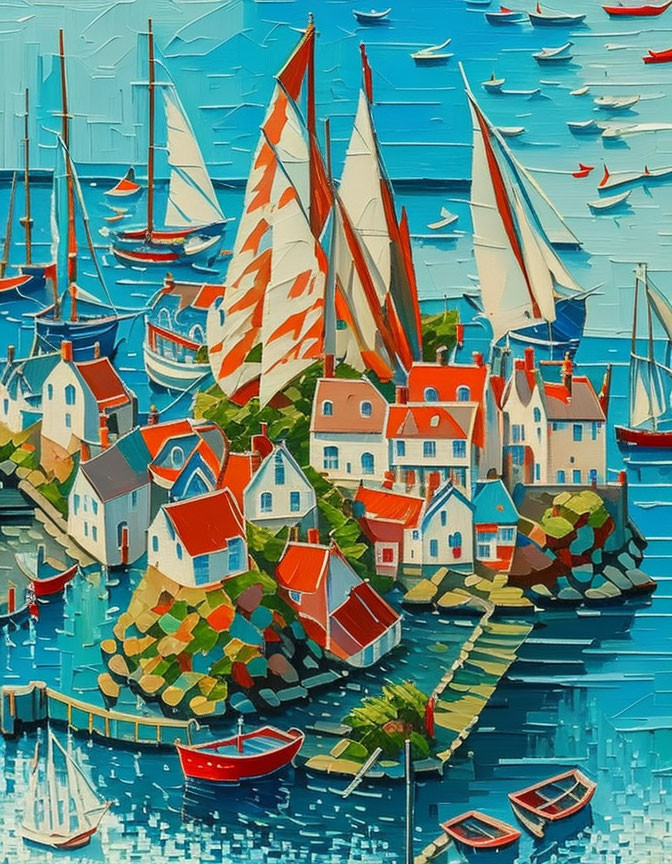 Colorful Coastal Village Painting with Red-Roofed Houses & Sailing Boats