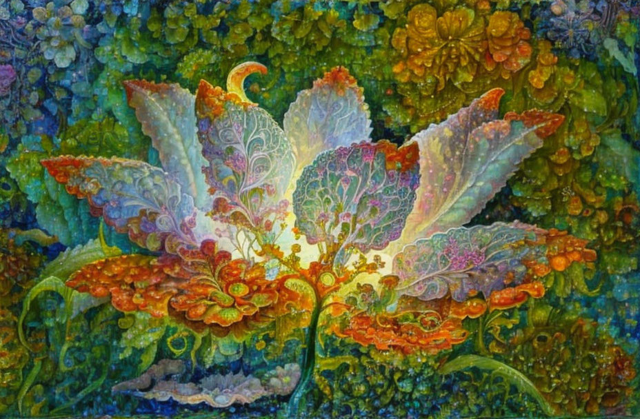 Detailed painting of luminescent flower in lush foliage