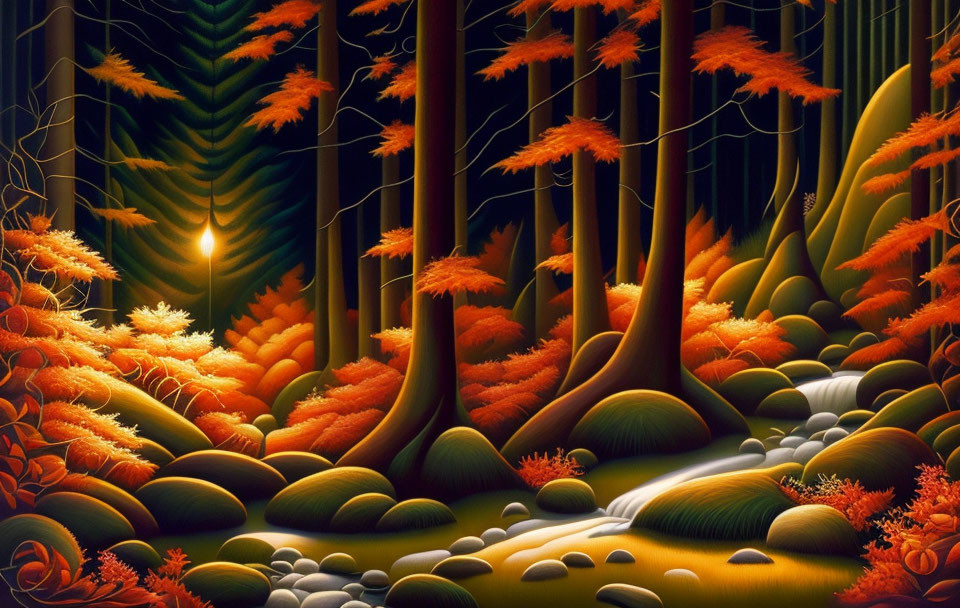 Fantasy forest artwork with glowing trees and stream