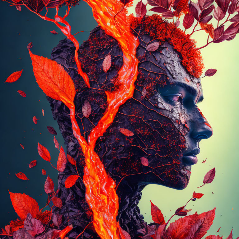 Person with Earth and Tree Head, Lava Crack, Red Leaves