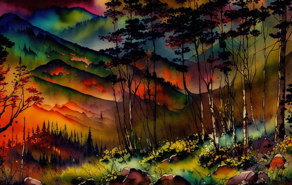 Colorful Watercolor Landscape: Sunset Mountains and Silhouetted Trees