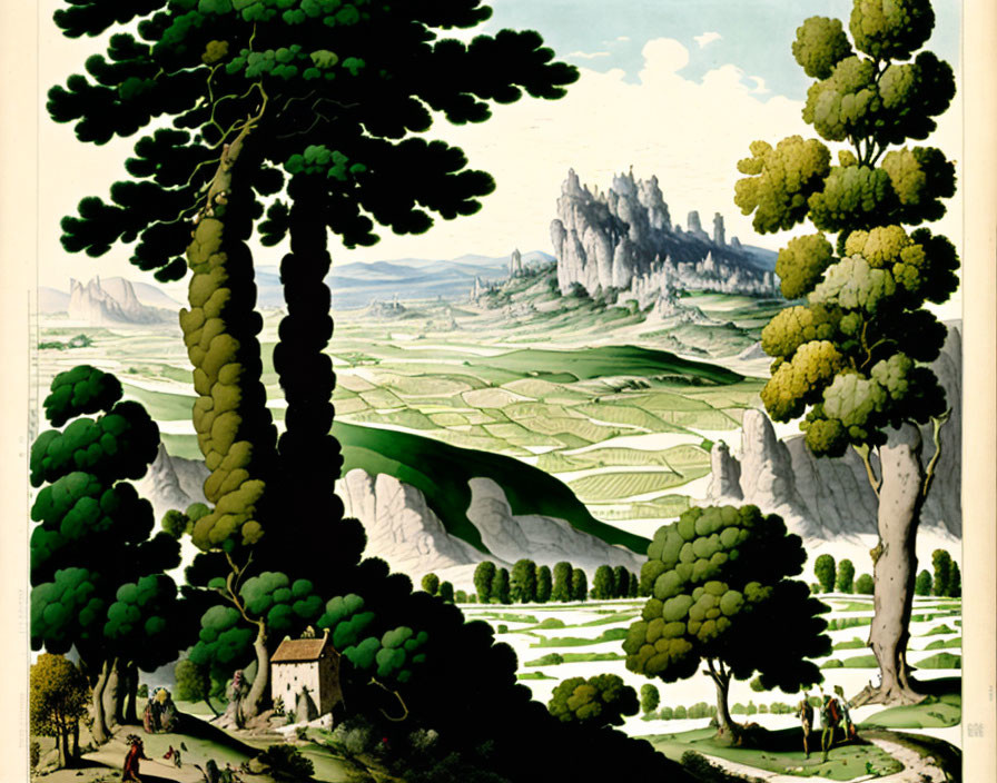 Detailed landscape painting with tall trees, rocky formations, green fields, and small figures.