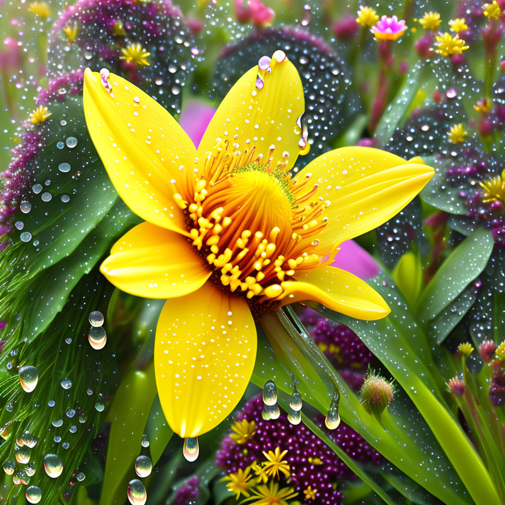 Detailed Yellow Flower Surrounded by Pink Blossoms and Greenery