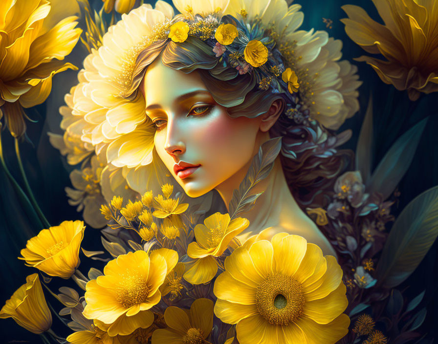 Woman in Floral Wreath Surrounded by Golden Flowers