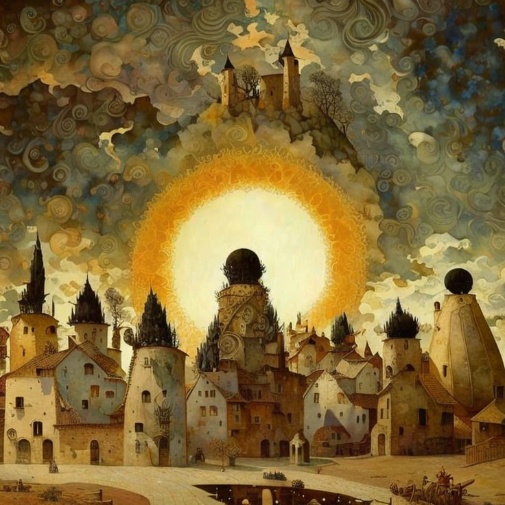 Surreal painting of whimsical village with glowing orb