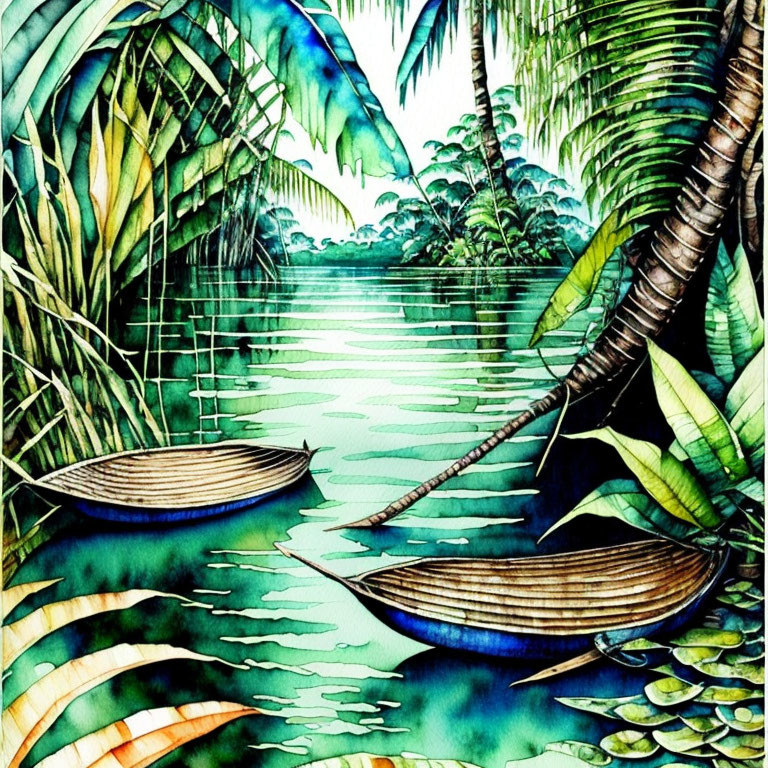 Wooden boats on tranquil waters in vibrant tropical jungle setting