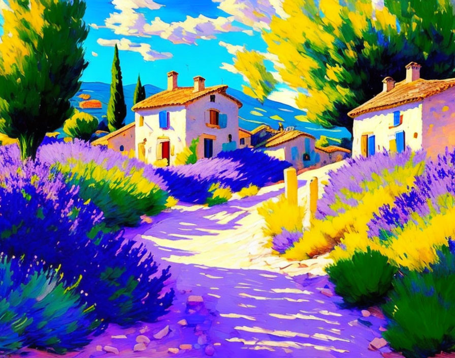 Colorful rural landscape with lavender fields and white houses under blue skies