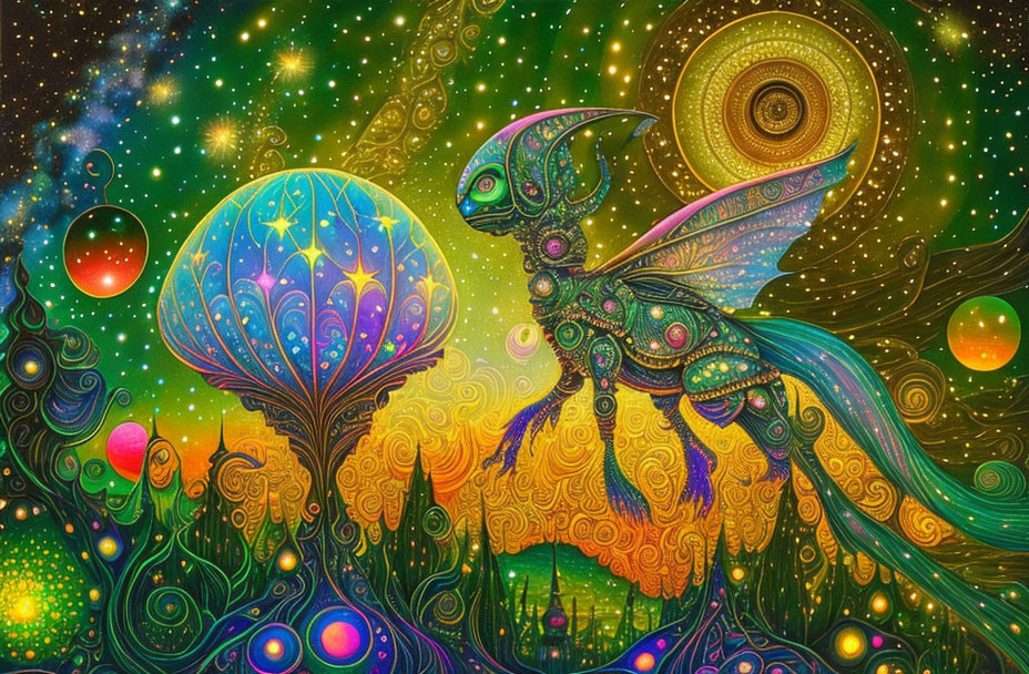 Colorful psychedelic alien butterfly in fantastical scene