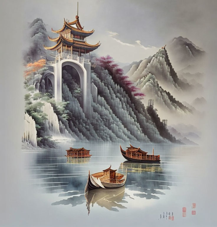 Traditional Chinese Pagoda Overlooking Misty Mountains and Calm Waters