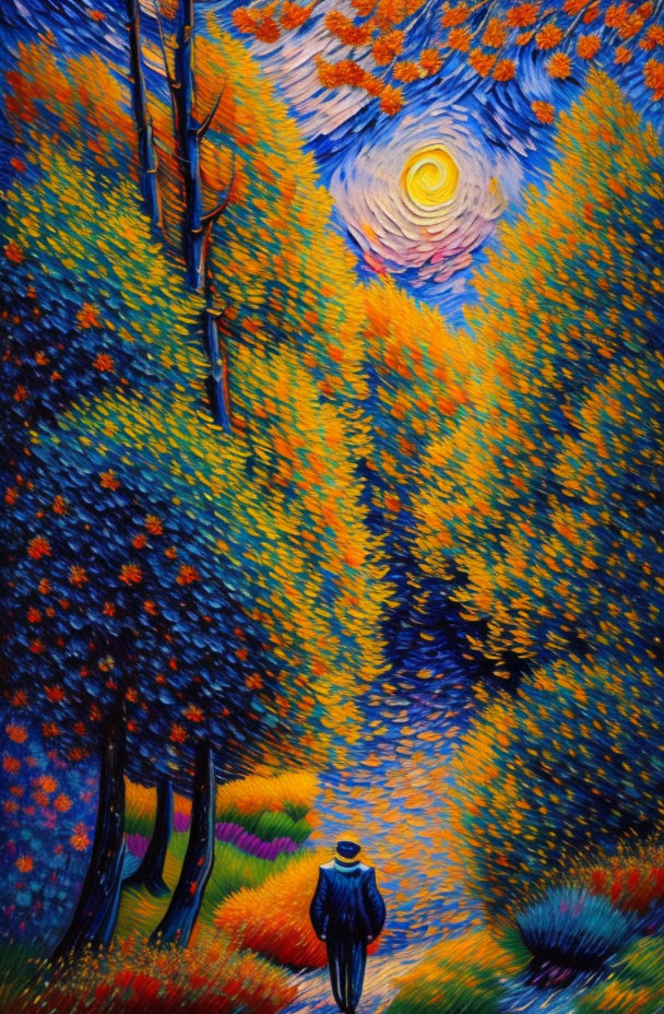 Colorful Painting: Person Looking at Yellow Swirl Sun in Stylized Forest