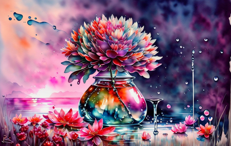 Colorful Flowers in Glass Vase Painting with Water Droplets