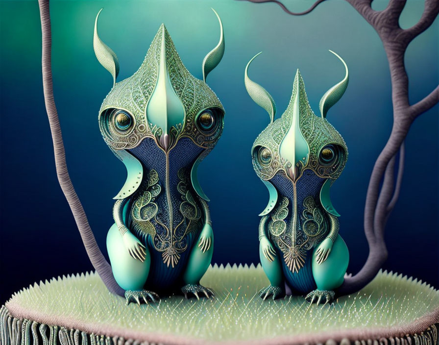 Ornate fantastical creatures with elongated ears and intricate patterns on mossy mound against teal backdrop