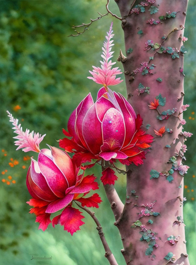 Colorful Tree Trunk with Pink Flowers and Green Leaves Illustration