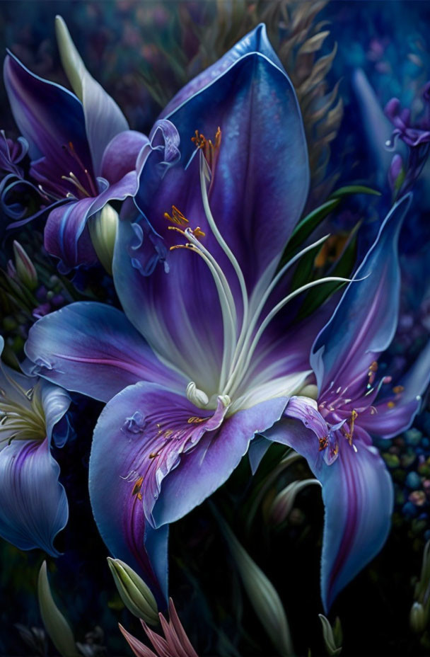 Colorful Blue and Purple Lilies in Dark Floral Setting