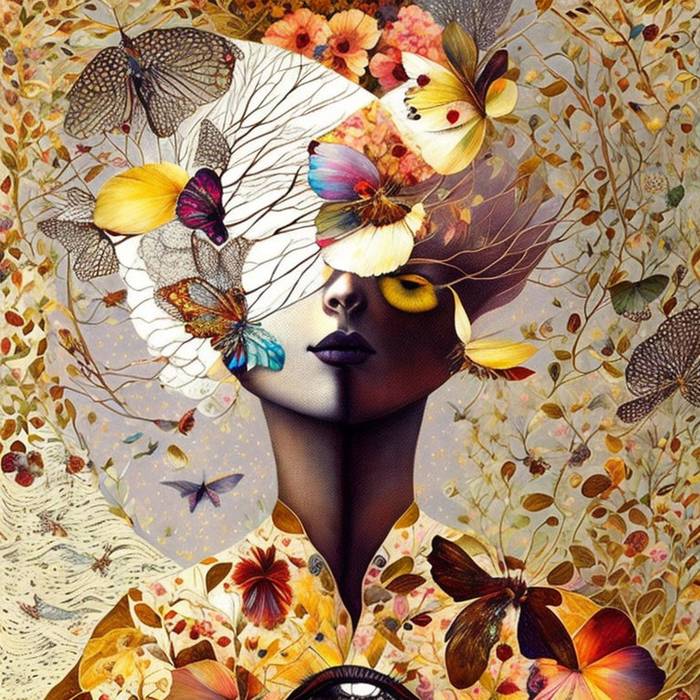 Surreal portrait blending woman's face with nature elements and golden palette