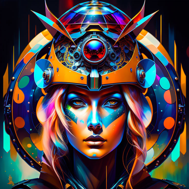 Futuristic portrait of a woman with ornate headgear in vibrant colors