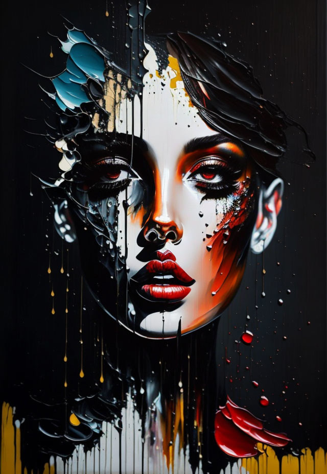 Colorful portrait of a woman with dripping paint, blending abstract and realistic elements