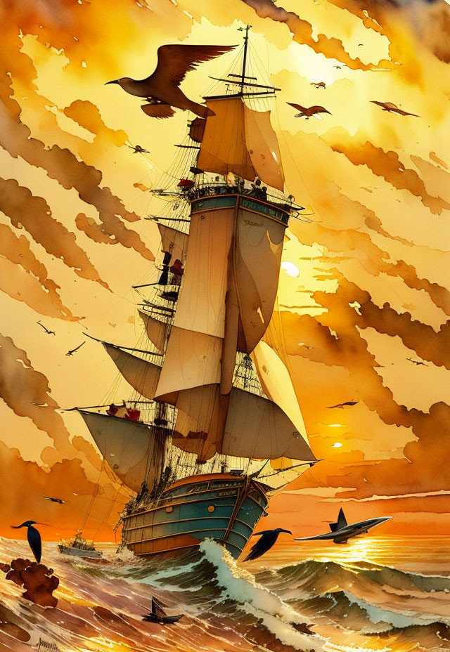 Sail ship on ocean at sunset with birds in golden sky
