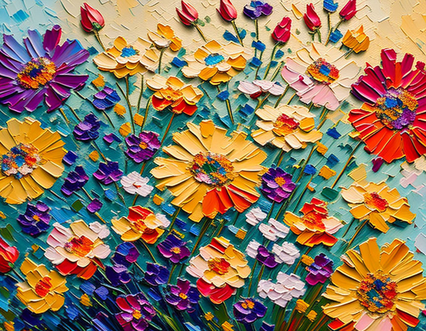 Colorful Flower Painting with Impasto Technique on Canvas