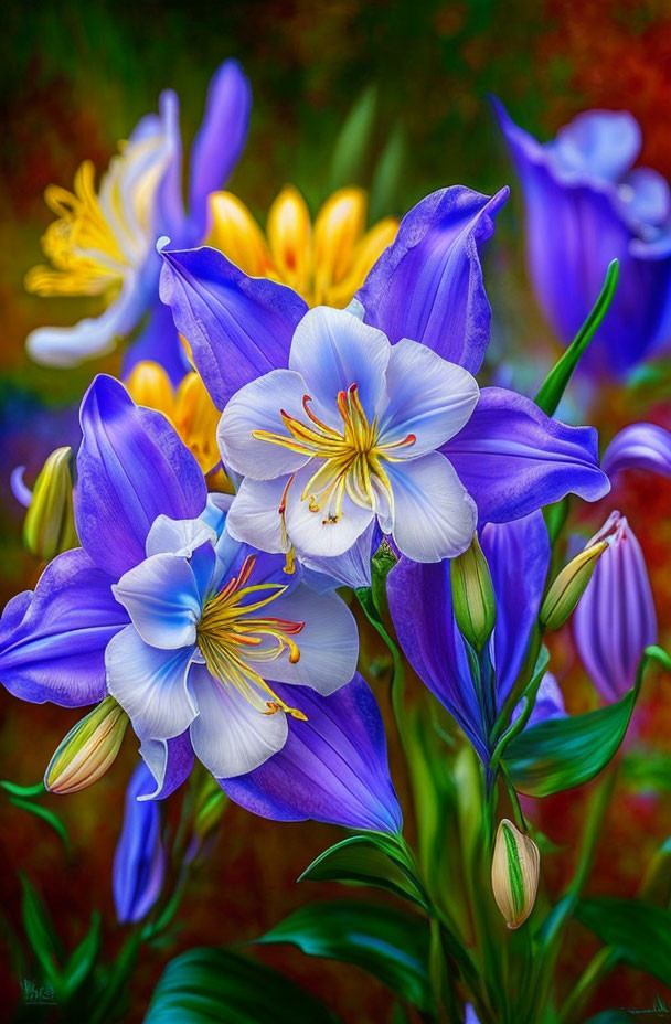 Blue and White Lilies with Yellow Stamens on Colorful Bokeh Background